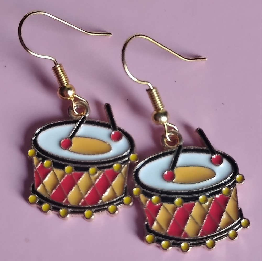 Oktoberfest Drum German Earrings 18k Gold Plated Nickel Free Hooks